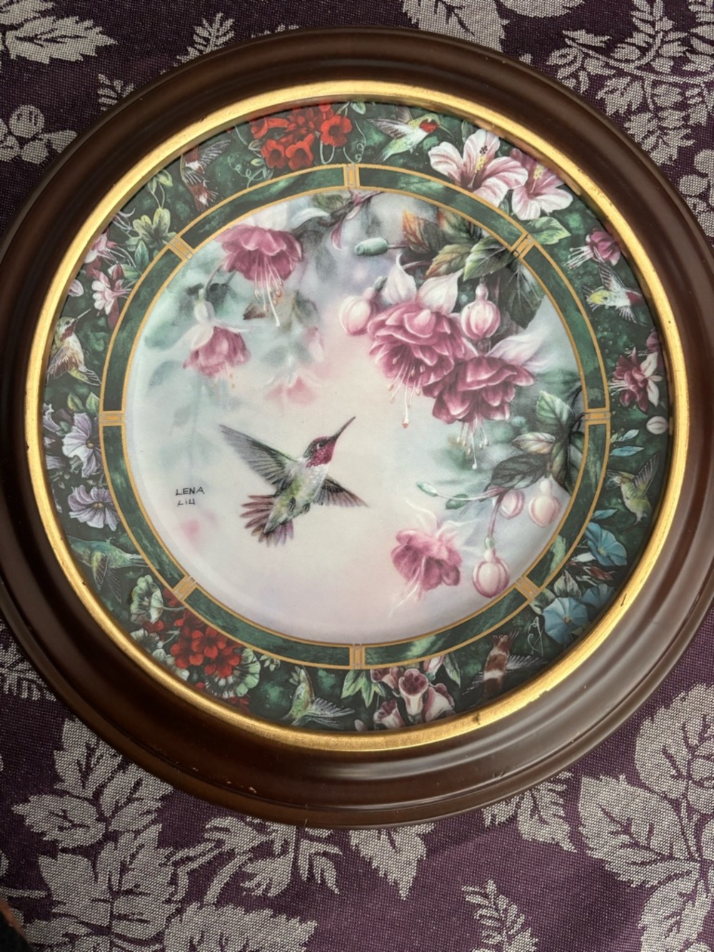 VTG Lena Liu Framed Hummingbird Porcelain Plate Collectible Decor Cottagecore